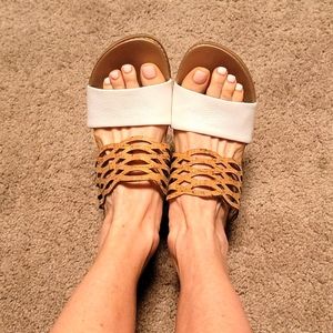 Genuine leather and cork, white and tan double strap wedges.